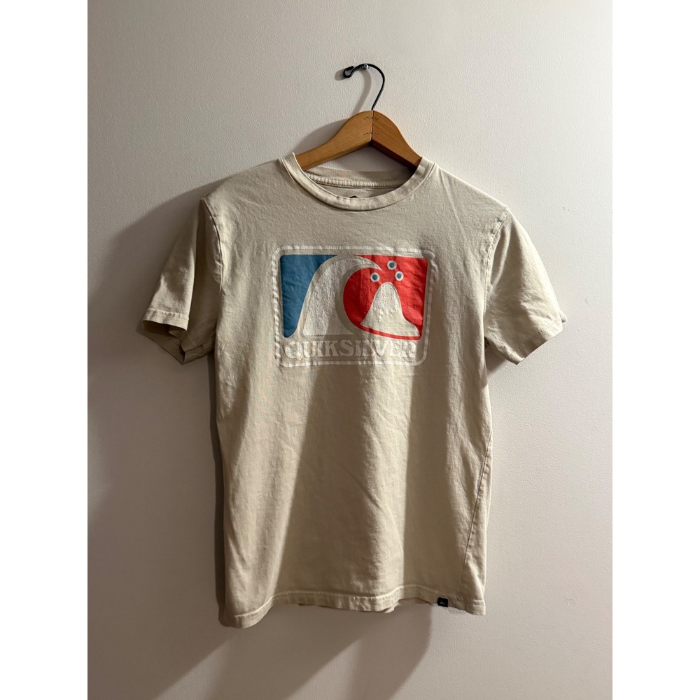 Quiksilver Boys Beige Graphic Logo T-Shirt Size Large 14/16 Short Sleeve Tee